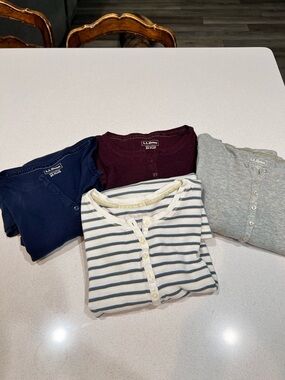 Lot of 4 LL Bean Women's Lightweight Henley Tops- Navy, Burgundy, Gray, Striped